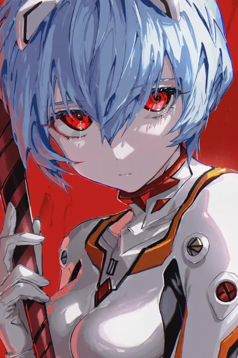 by roitz, ayanami rei, 1girl, solo, plugsuit, red eyes, blue hair, short hair, red background, white bodysuit, holding, looking at viewer, bodysuit, upper body, breasts, hair between eyes, bangs, holding weapon, closed mouth