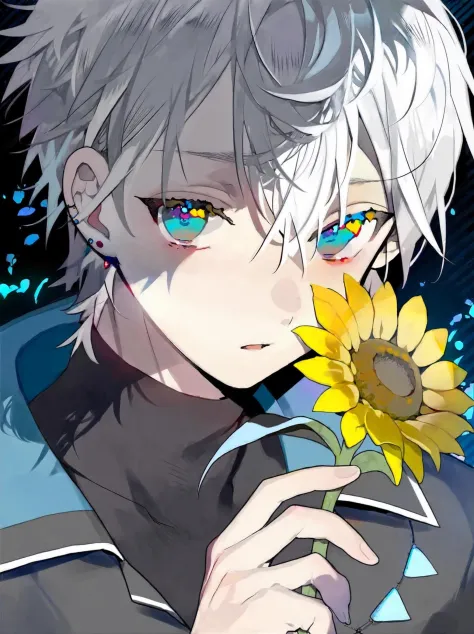 by karohroka, best quality, masterpiece, aesthetic, vivid color, sunflower, flower, solo, male focus, 1boy, looking at viewer, holding, holding flower, grey eyes, white hair, short hair, earrings, upper body, jewelry, yellow flower, covered mouth, string, long sleeves, hair between eyes, bangs, straight-on, blue eyes