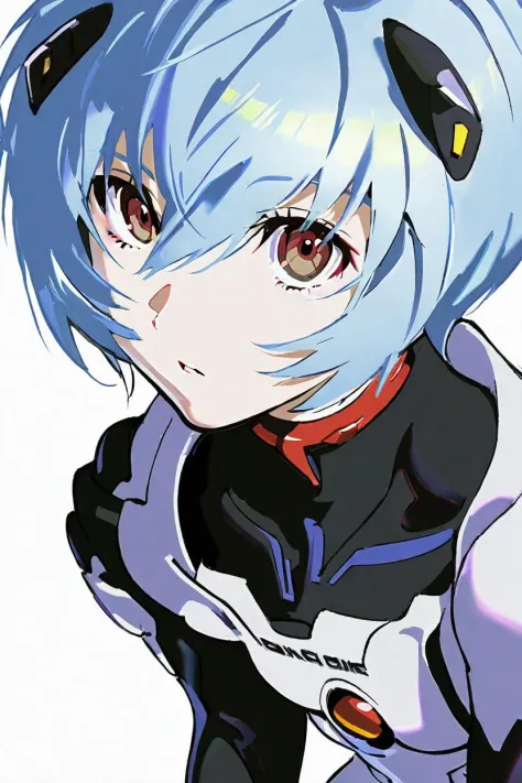 von Yoneyama Mai, beste Qualität, Meisterwerk, ausführlich, ästhetisch, 1 Mädchen, Allein, Blaue Haare, ayanami rei, Oberkörper, weißer Hintergrund