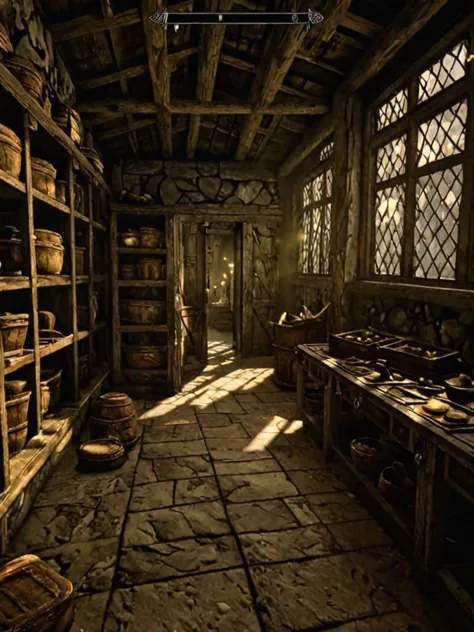 videogame screenshot, inside a treasure room, sunlight, with a Drauger, style skyrim <lora:Skyrim_Style_XL>