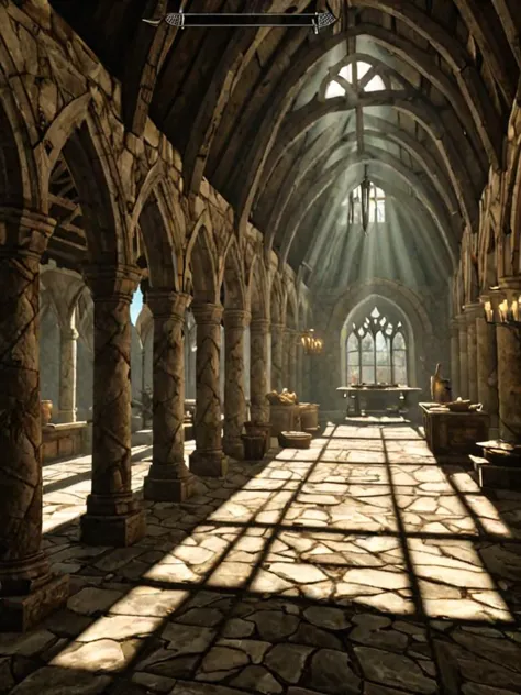 videogame screenshot, inside a monastery, sunlight, with a horker, style skyrim <lora:Skyrim_Style_XL>