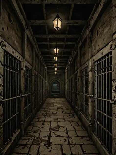 a dimly lit hallway with a lantern light and a stone floor