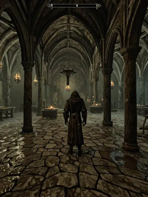 videogame screenshot, inside a monastery, wet, with a cultist, style skyrim <lora:Skyrim_Style_XL>