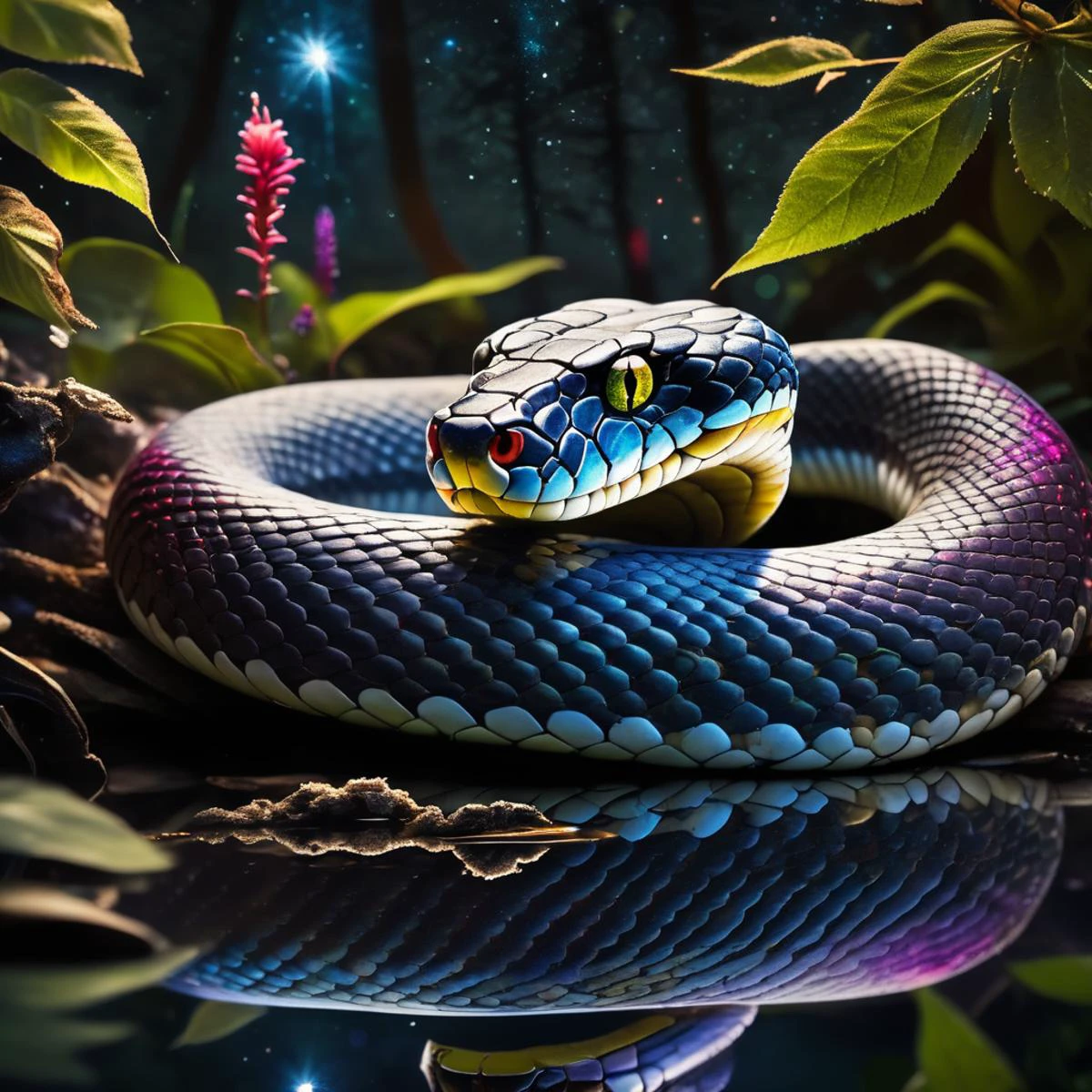 A close up of a snake with a blue and yellow stripe on its head - SeaArt AI