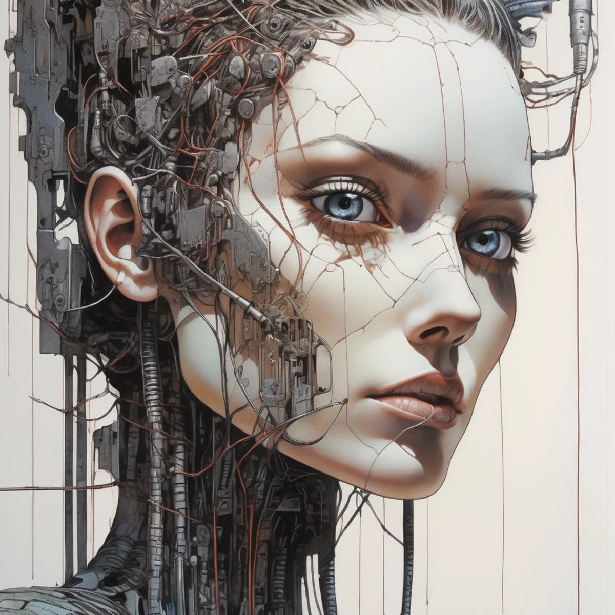 ((布蘭卡·瓦雷拉,  紀念碑谷 ) 風格) ,身分證掃描件 , 阿尔蒂基耶罗, 詳細的產品照片, cyberpunk Todd Mcfarlane comic book art an impressive close-up of the face of a 瘦骨嶙峋的 cyberpunk electronics, 电线, 吸引觀眾的女人. 她蒼白的, 瓷器般的肌膚看起來近乎超自然, 而她的黑眼睛散發著深度和洞察力. 光與影的相互作用凸顯了她臉部的精緻細節, 凸顯她的鮮明特色. 這個特寫鏡頭捕捉到了完整的面部表情的強度和迷人, 瘦骨嶙峋的, coloured acrylic inks cyberpunk 風格 ,,  环境照明, 光學藝術,  作者：雅庫布‧羅札爾斯基, 模拟, 通過卡蒂·霍納,  作者：菲利普‧德魯耶,  啟發漫畫藝術, 英雄奇幻, 顏色和紋理的對比應該非常清晰,超現實主義,