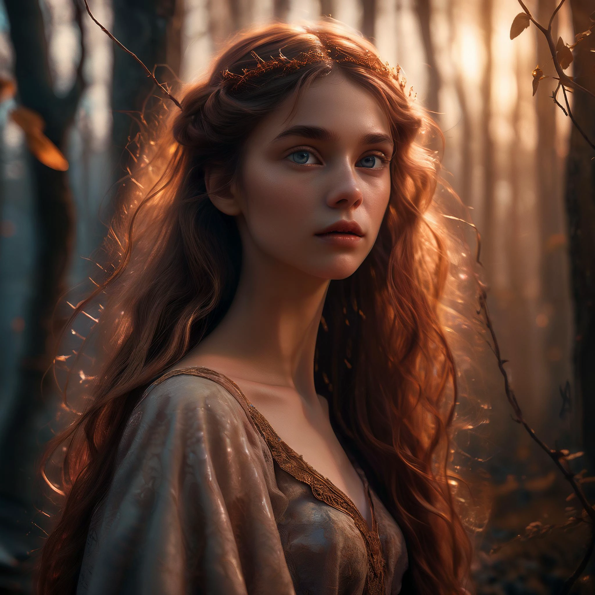 official art, unity 8k wallpaper, ultra detailed, beautiful and aesthetic, beautiful, dreamy magical atmosphere, (skin texture), (film grain), (warm hue, warm tone), cinematic light, side lighting,

In the enchanting glow of a surreal fantasy environment, a stunning 22-year-old European woman captivates with her ethereal presence. Her long wavy chestnut hair cascades gracefully, framing a face adorned with delicate features that emanate both youth and timeless beauty. Standing with an air of quiet confidence, her eyes, a mesmerizing shade of hazel, reflect the surreal surroundings, adding an extra layer of mystery to her allure. Clad in an ensemble that effortlessly combines elegance with a touch of whimsy, she embodies an otherworldly charm, blending seamlessly with the dreamlike atmosphere that surrounds her, creating a scene of unparalleled beauty and fascination.

