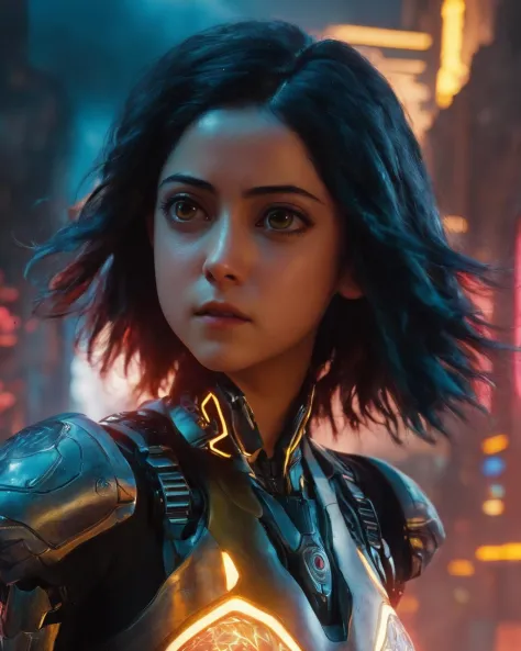 rosa_salazar_alita, <lora:RosaSalazarXL:1>, big eyes, robot, science fiction, realistic, android, cyborg, ((glowing strands, glowing yellow electric cybernetics embeddings in hair, red glowing cracks in armor)),epic cyberpunk city in background, ((blue fla...