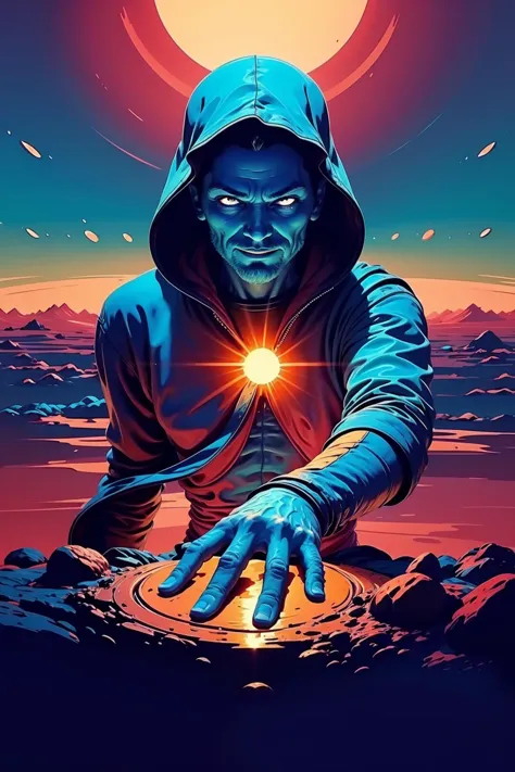 a man in a hoodie holding a glowing ball in his hand