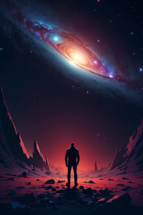 a man standing on a rocky surface looking at a galaxy