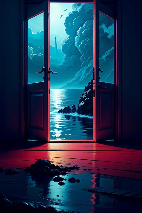 a view of a door leading to a dark room with a red floor