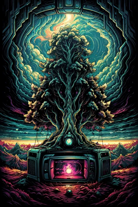 a poster of a tree with a tv in front of it