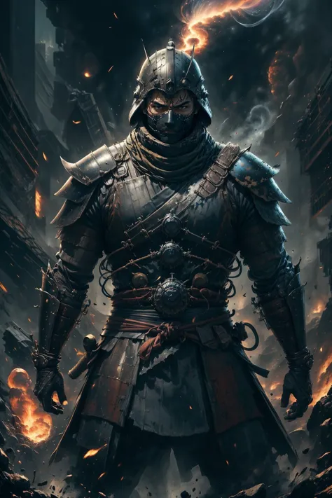 a man in armor standing in front of a city with a fire