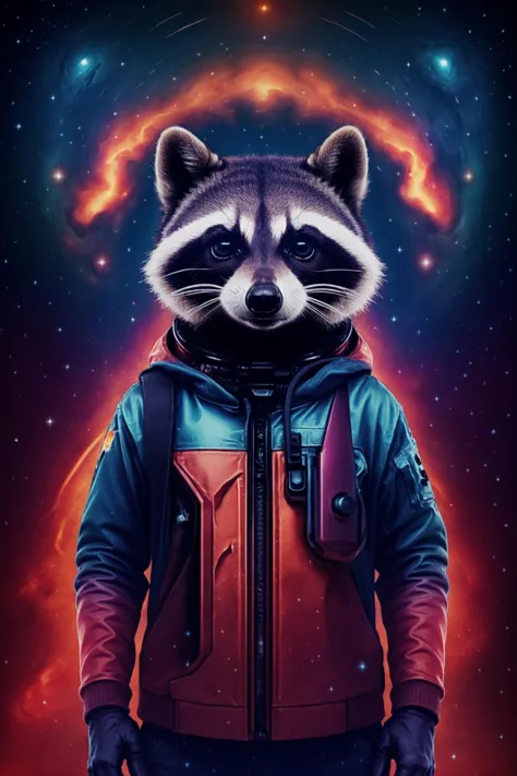 a raccoon in a space suit with a space background