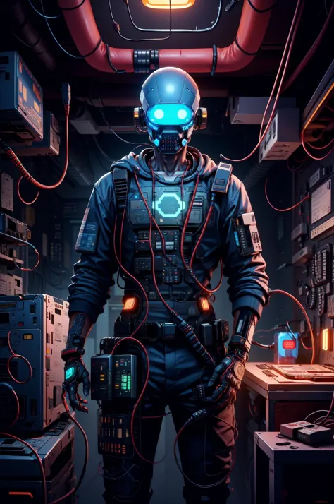 a man in a futuristic suit standing in a room with wires