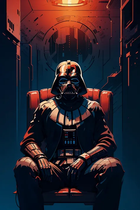 a poster of darth vader sitting in a chair with a light on