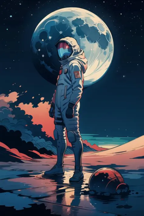 a man in a spacesuit standing on the moon with a planet in the background