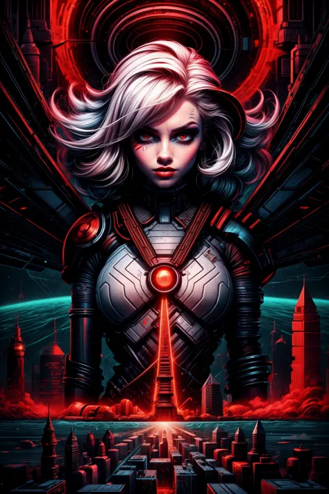 a woman in a futuristic suit stands in front of a futuristic city