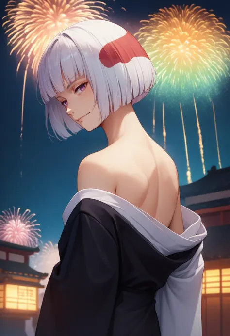 a woman with white hair and a black dress standing in front of fireworks