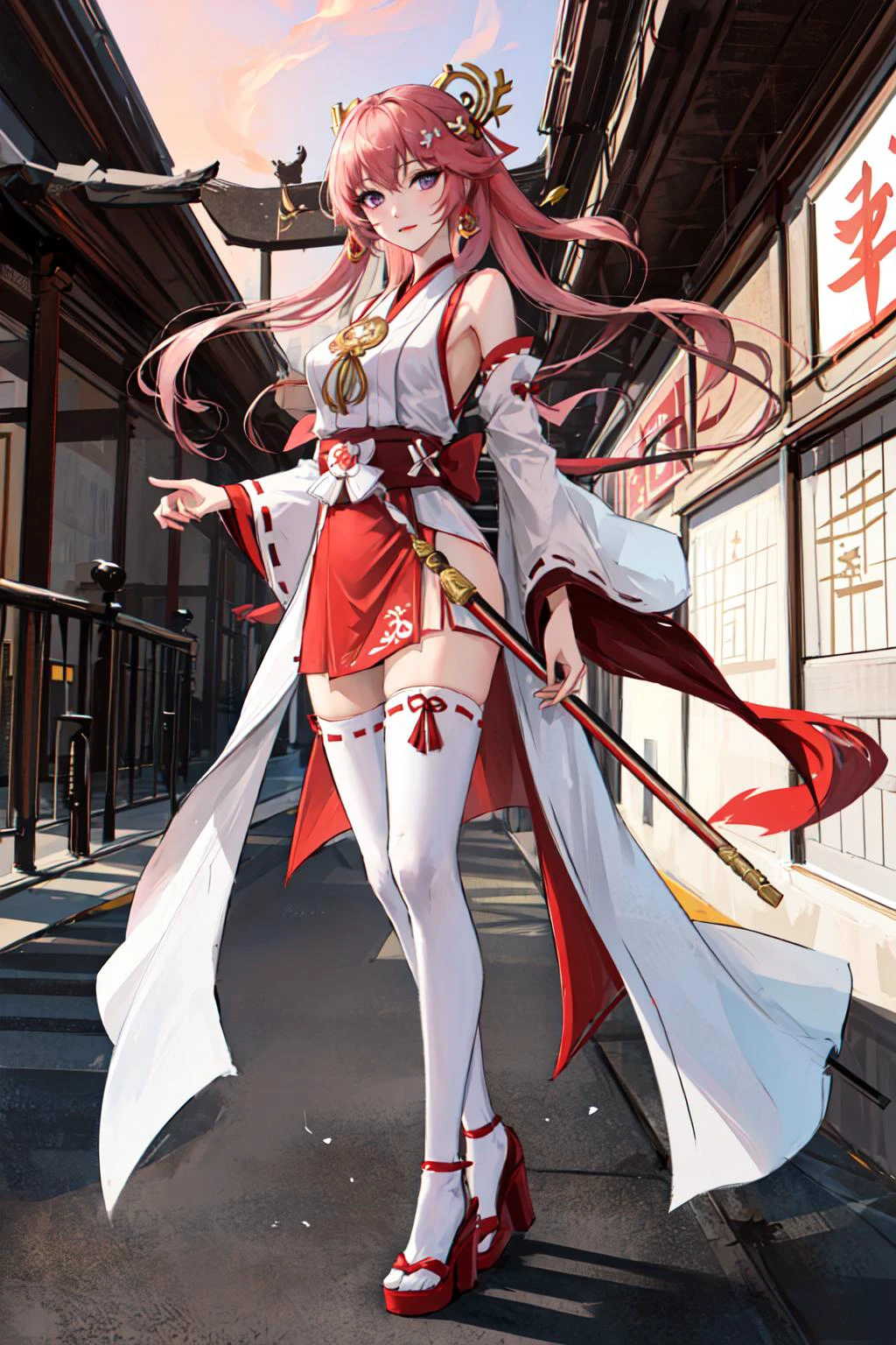 masterpiece, best quality, 1girl, solo, miko, nontraditional miko, full body, arms at side, purple eyes, white thighhighs, strappy heels, middle breasts, looking at viewer, ribbon, hair ribbon, wide sleeves, east asian architecture