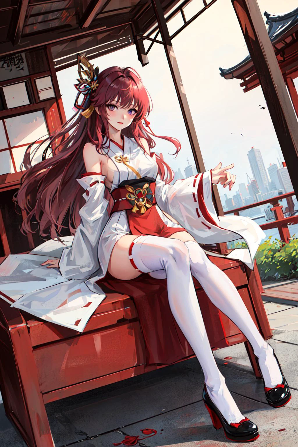 masterpiece, best quality, 1girl, solo, miko, nontraditional miko, full body, arms at side, purple eyes, white thighhighs, strappy heels, middle breasts, looking at viewer, ribbon, hair ribbon, wide sleeves, east asian architecture
