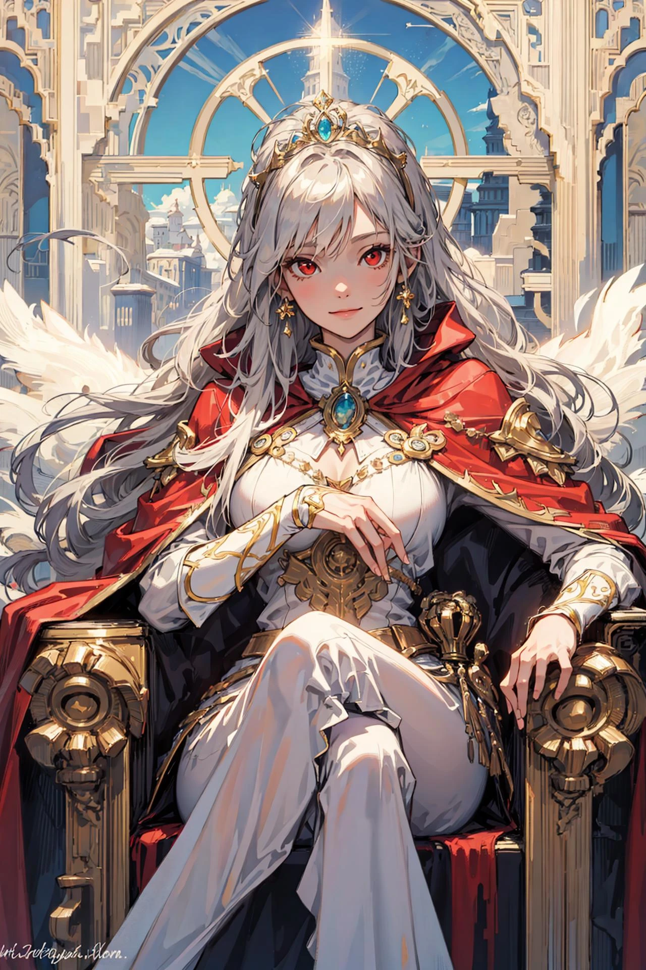 (masterpiece, best quality),  1girl, solo, (the empress:1.15), platinum blonde, long hair, (red cape), Curtain, white dress, queen dress, aurora, (sunshine, sky, river, forest), expressionless, red eyes, very long hair, (art nouveau:1.2), alphonse mucha, tiara, (face focus, upper body), sit, (red throne:1.12), tiara, crossing legs, highly intricate details, realistic light, smile
