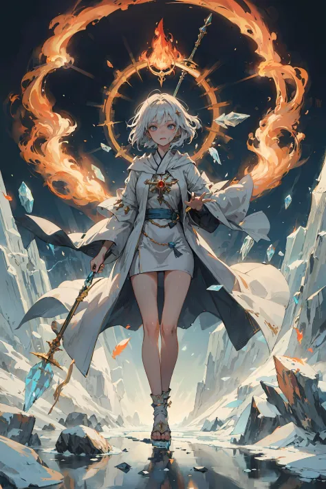 (masterpiece, best quality), 1lady, solo, Elemental mage, robe with a flame pattern, staff with a crystal of ice, earth talisman with a carving of stone, air feather with a gust of wind, sacred temple with a portal to the elemental plane