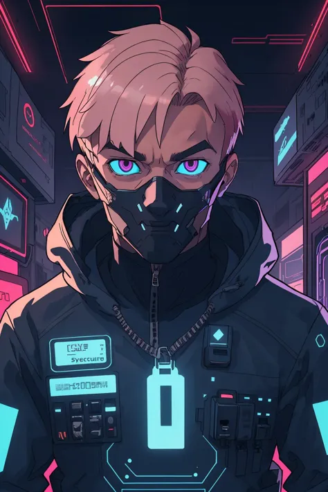 a man in a black jacket and a mask stands in a neon city