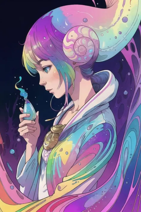 art by Moebius, art by Carne Griffiths,  art by nature photography
a snail girl, pearlescent rainbow coloring, magic potion
