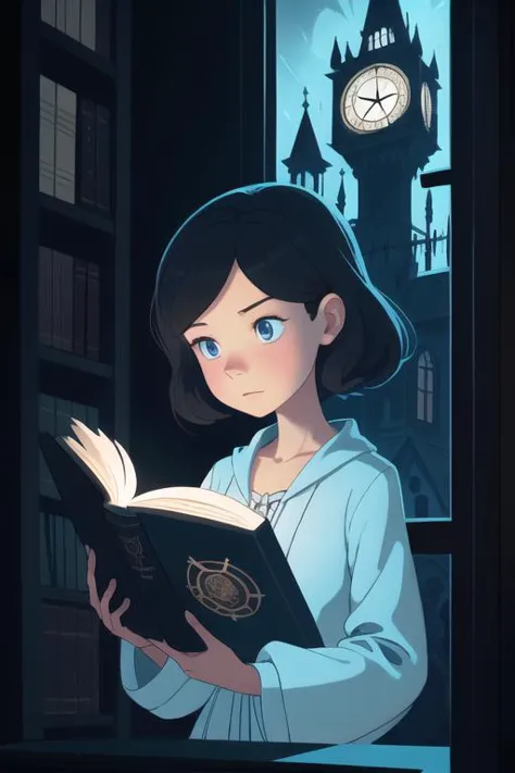 art by daniela uhlig, art by professor layton,
masterpiece, best quality, 1girl, opening a grimoire in front of a window at nigh...