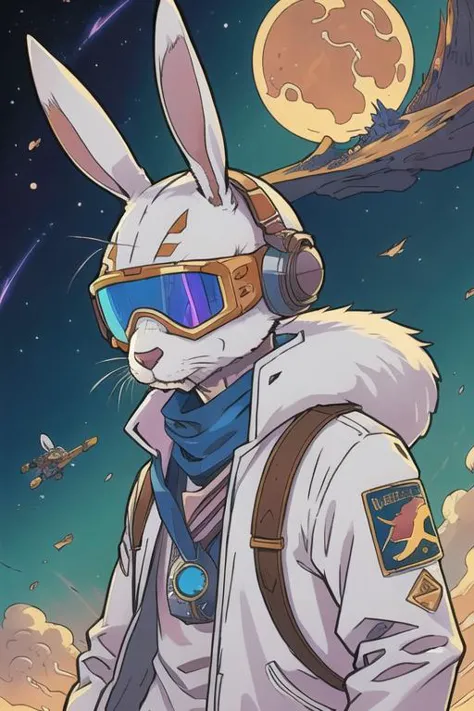 a cartoon rabbit wearing a space suit and goggles standing in front of a moon