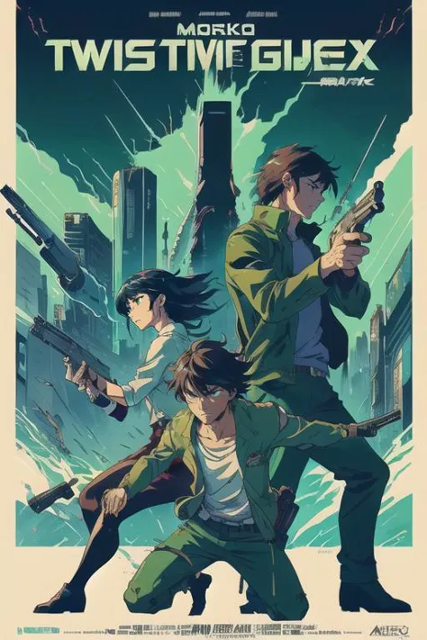 art by Makoto Shinkai, art by Moebius, art by Carne Griffiths
evil green fog,  thick outlines, masterpiece, best quality, abstract art
(movie poster, dynamic poses, two people, firing guns:1.4), cyberpunk city, battle scene