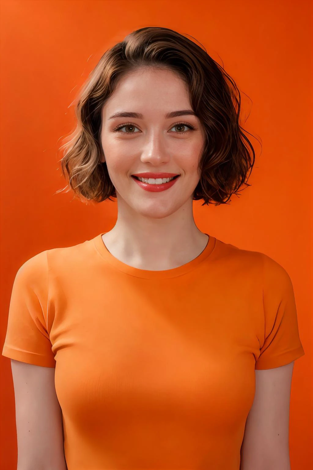 analog film photo solo, gstyle, realistic, ((woman)), (((short hair))), (((happy512))), (((Tapered trousers, t-shirt, and mules.))), ((Simple Light Orange background:1.5)), ((dynamic pose)), high detailed, 8k, clear facial features, skin zehragunes . faded film, desaturated, 35mm photo, grainy, vignette, vintage, Kodachrome, Lomography, stained, highly detailed, found footage