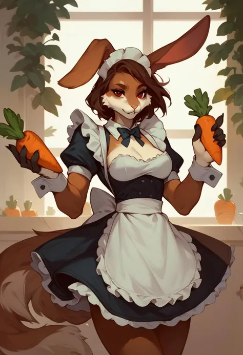 a cartoon picture of a woman in a maid outfit holding a carrot