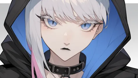 anime girl with white hair and blue eyes wearing a black hoodie