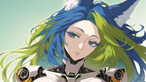 anime girl with blue hair and green eyes and a white and black outfit