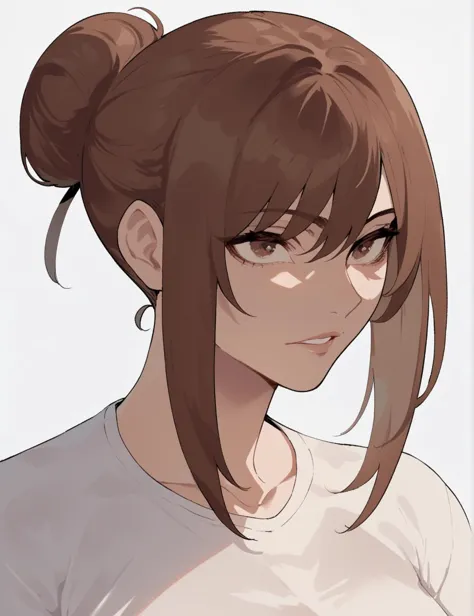 a close up of a woman with a ponytail and a white shirt