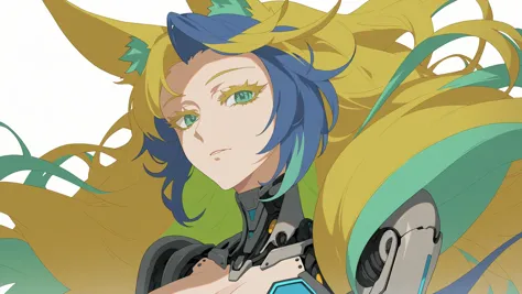 score_9, score_8_up, source_anime, anime style, (thick lineart:1.3), two tone hair, long green layered hair, tall, , mature female, fox ears, pale skin, long eyelashes, detailed blue iris, [( long eyelashes:1.5):long eyelashes:0.4], [:glowing outline:0.4], sidelocks, robot, robotic joints, glossy