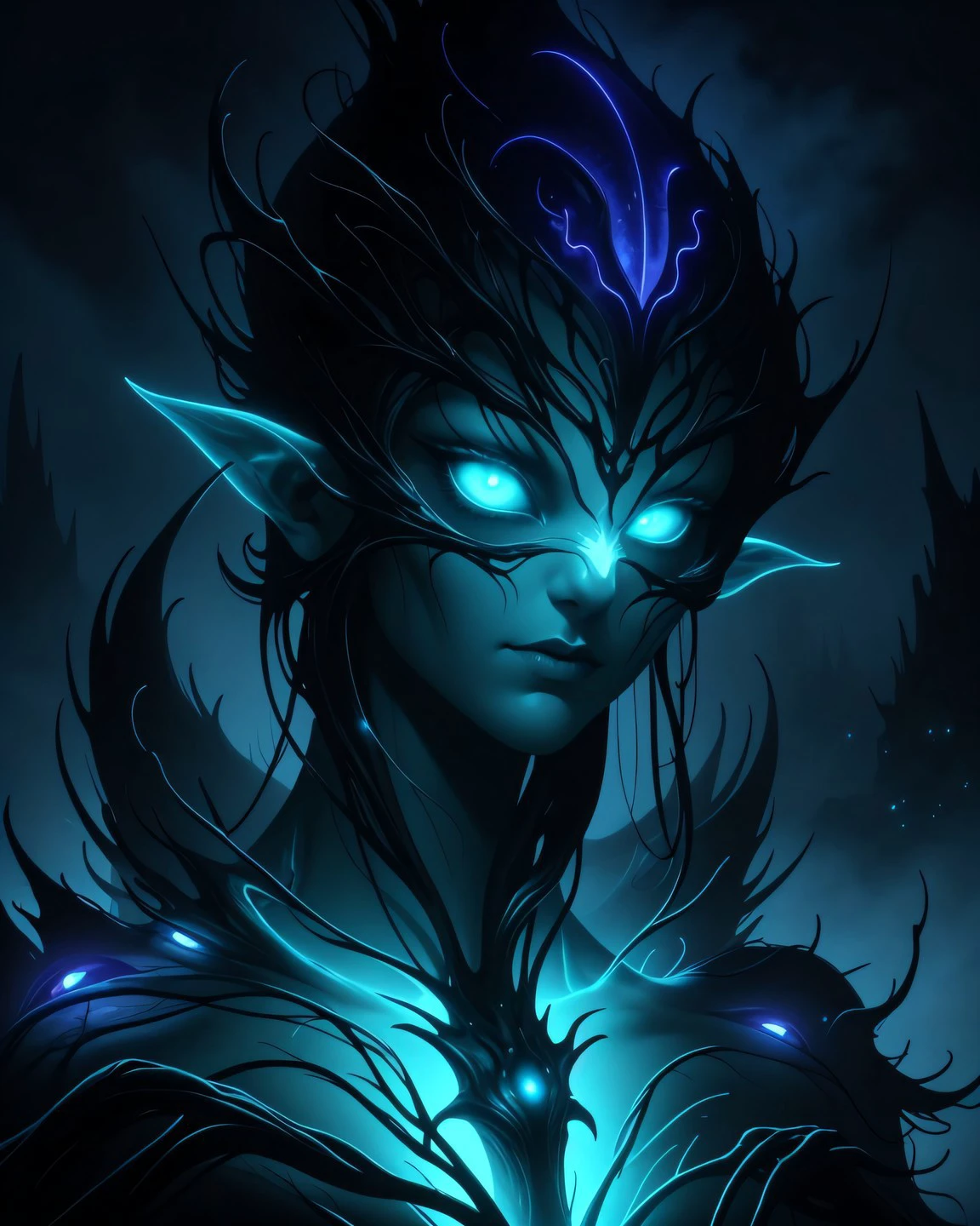 Medium Close-Up of a warlock corrupted by the fey, night, otherworldly presence with cold lighting, glowing veins, bioluminescence, donmx3n0