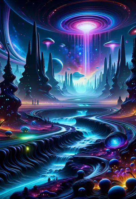 obra-prima hiper detalhada, arte digital realista dinâmica, qualidade incrível,DonMX3n0XL, nebulosa riacho balbuciante,Avenida,galáxia,museu, alienígena bio orgânico, brilho misterioso 