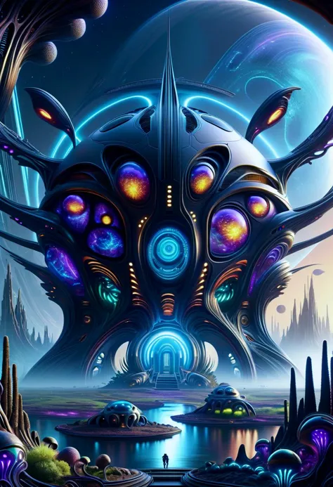 a futuristic alien spaceship with a giant alien head in the middle of a lake