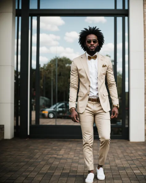 african guy, curly hair, 1980s style, beige tuxedo, standing, realistic, gold watch, beard