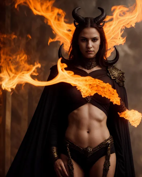 woman with wing, fire, horns, realistic:1.3, magic:1.3
