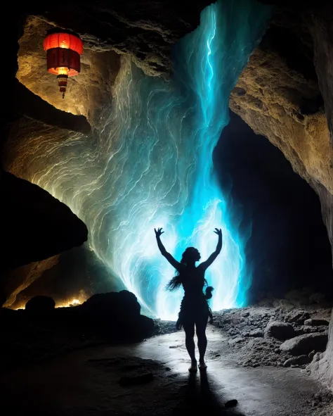 portrait photo of a woman in a cave wearing exploration gears, exploring large cave:1.3, holding a lantern, half body, looking at surroundings, magical glow, tank top, magic energy,