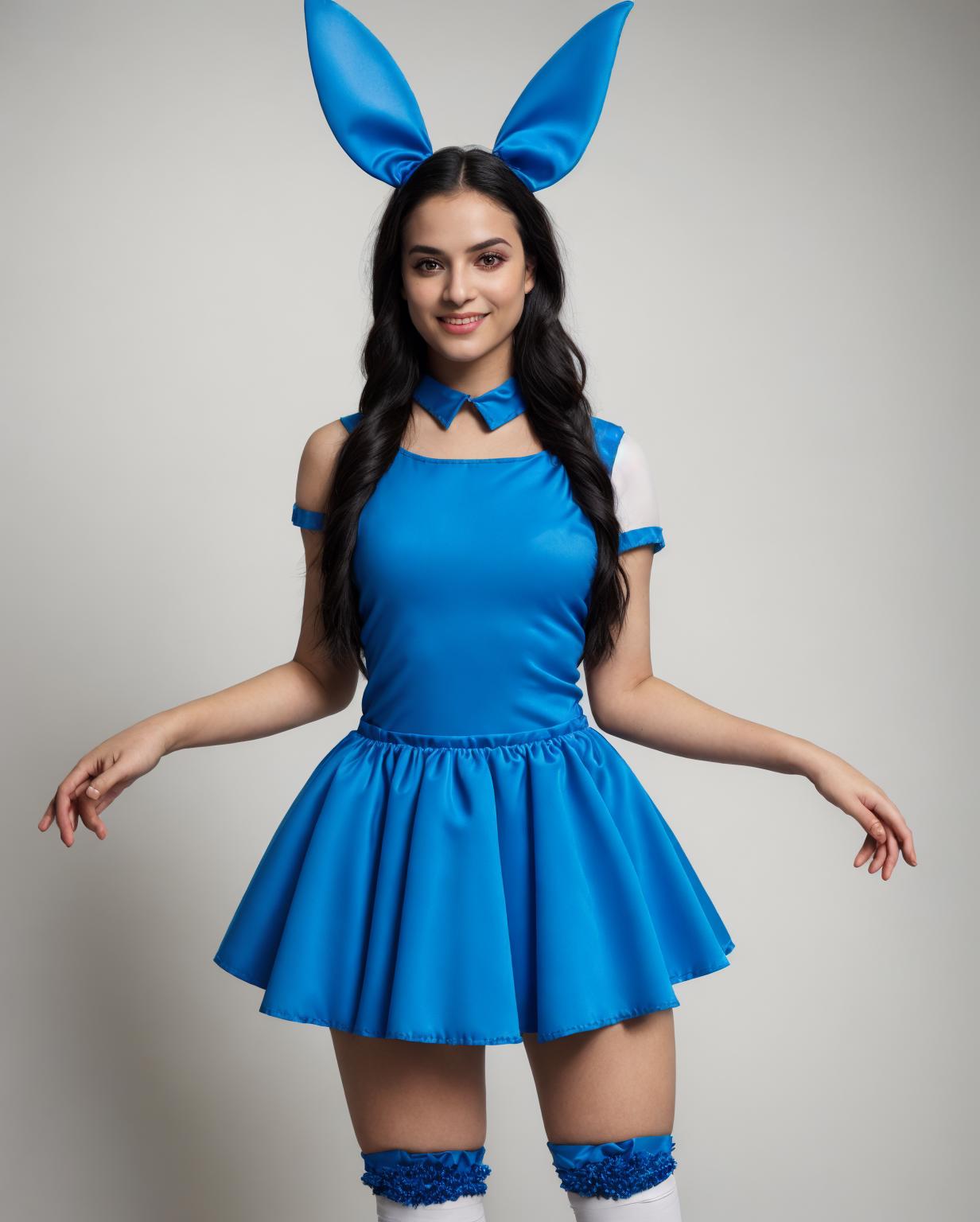 A woman in a blue dress and bunny ears poses for a picture - SeaArt AI