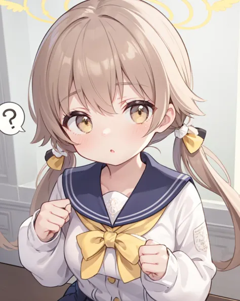 <lora:hifumi-t94-e6:1>
ajitani hifumi
, 1girl
, school uniform, halo, [yellow eyes, long sleeves,  low twintails, light brown hair, black pantyhose:4]
,  :o, (spoken question mark:1.1), closed mouth
, looking at viewer, [medium breasts:(large breasts:0.9):4], solo.
close-up.