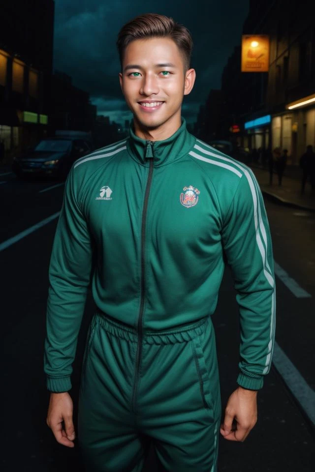 masterpiece, best quality, highres, realistic, handsome, photogenic,half body shot, syahnk, as  (handsome ,1man, Charming male with light brown hair, a genuine smile, and sparkling green eyes, male focus, full body,Muscular,(wearing sweatsuit), new york city street,realistic, dramatic lighting, atmospheric, intricate detail, HDR, octane, 8K) ,