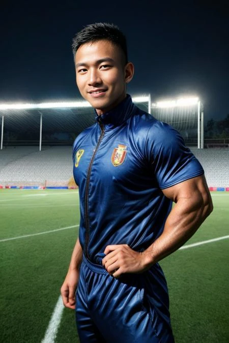 masterpiece, best quality, highres, realistic, handsome, photogenic, masculine, (big muscles),syahnk, as ((dark tanned)) athletic jock bulging with huge pectorals, he with his (tight gymsuit) flexing in the middle of soccer field stadium, his proud face due to victory ,HDR, octane, 8k, subsurface scattering,dinamic light,sunkissess,high detailed skin,high detailed face, Epic