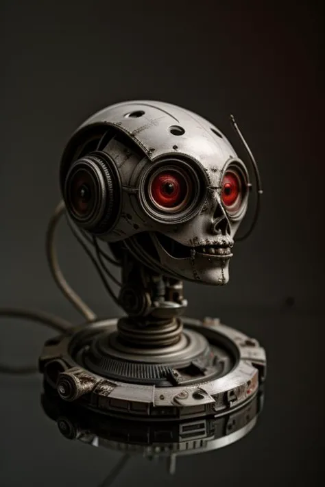 a close up of a robot head with red eyes and a metal body