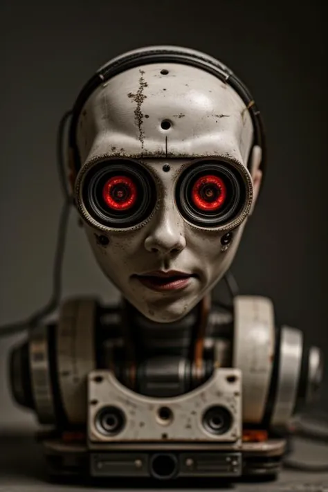 a close up of a robot with red eyes and headphones