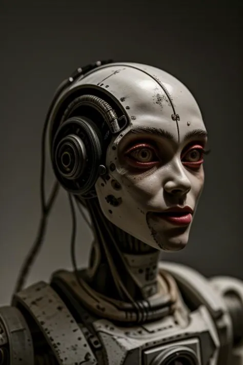 a close up of a robot with headphones on and a face